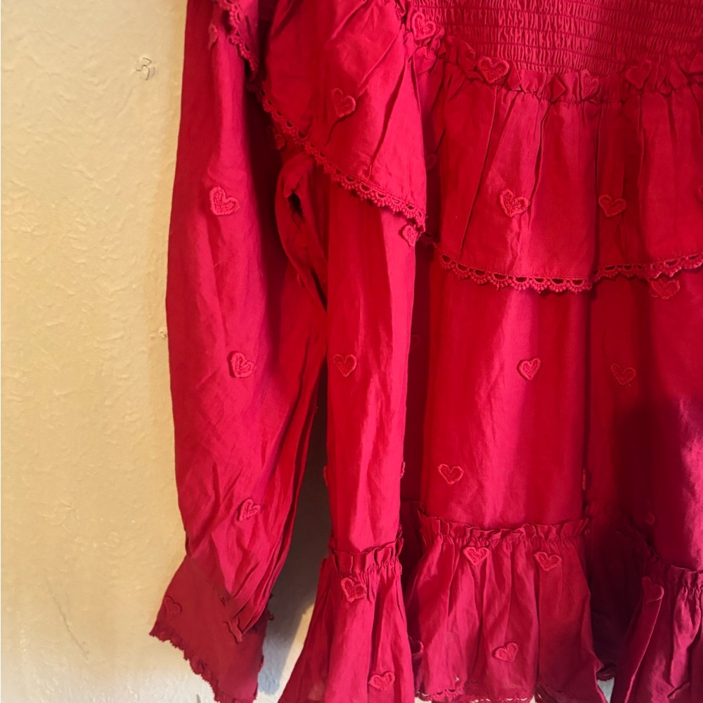FARM Rio Crimson Ruffled Smocked-Neck‎ Blouse - Picture 5 of 6